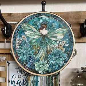 Teal Fairy Garden Wall Art Tambourine- Decorative Home Wall Decor